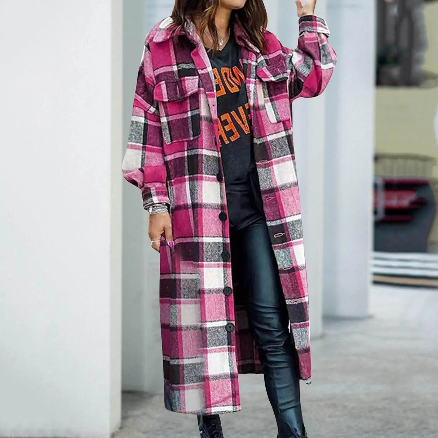 Womens Flannel Plaid Shacket Casual Loose Lapel Button Down Long Jacket Fall Winter Wool Blend Coat Warm Trench Coats