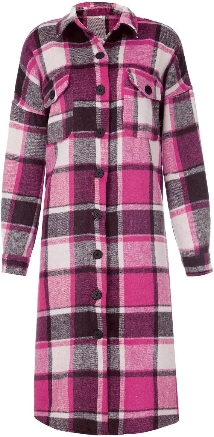 Womens Flannel Plaid Shacket Casual Loose Lapel Button Down Long Jacket Fall Winter Wool Blend Coat Warm Trench Coats