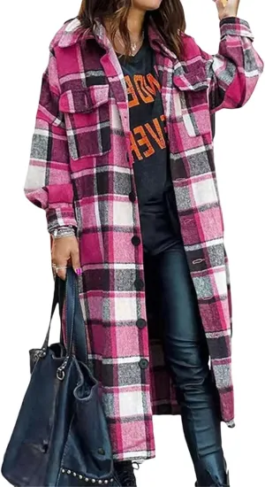 Womens Flannel Plaid Shacket Casual Loose Lapel Button Down Long Jacket Fall Winter Wool Blend Coat Warm Trench Coats