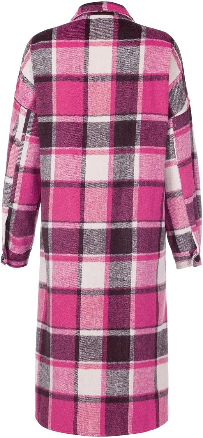 Womens Flannel Plaid Shacket Casual Loose Lapel Button Down Long Jacket Fall Winter Wool Blend Coat Warm Trench Coats