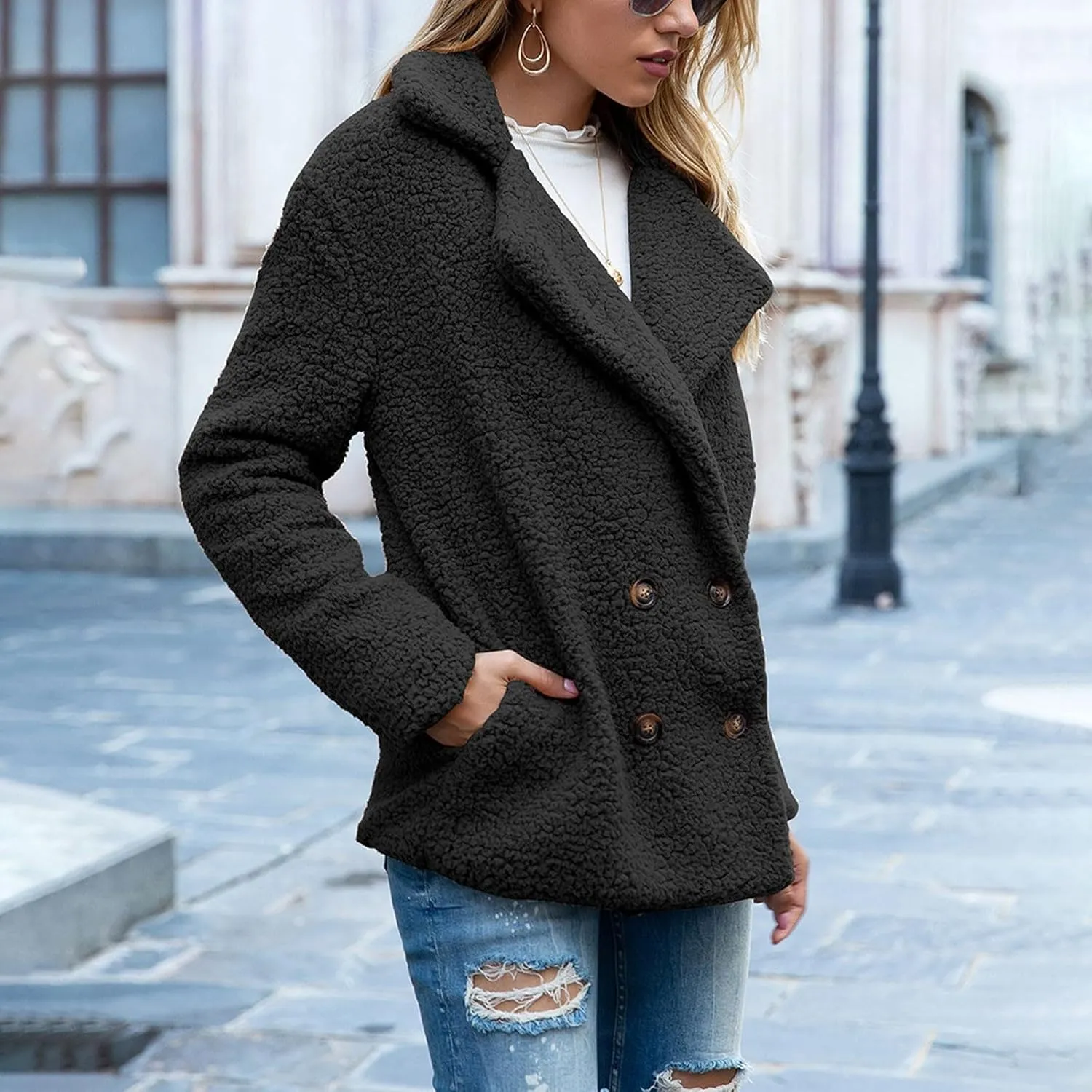 Womens Fleece Jacket 2024 Winter Lapel Button Down Coats Casual Oversized Trendy Teddy Bear Jacket Fluffy Outerwear