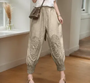 Womens Floral Embroidered Cotton Linen Harem Cropped Pants Boho Baggy Loose Wide Leg Lace Trim Trousers with Pockets