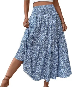 Womens Floral Maxi Skirt A Line Tiered Long Flowy Skirts with Pockets Casual Smocked High Waisted Boho Beach Skirts