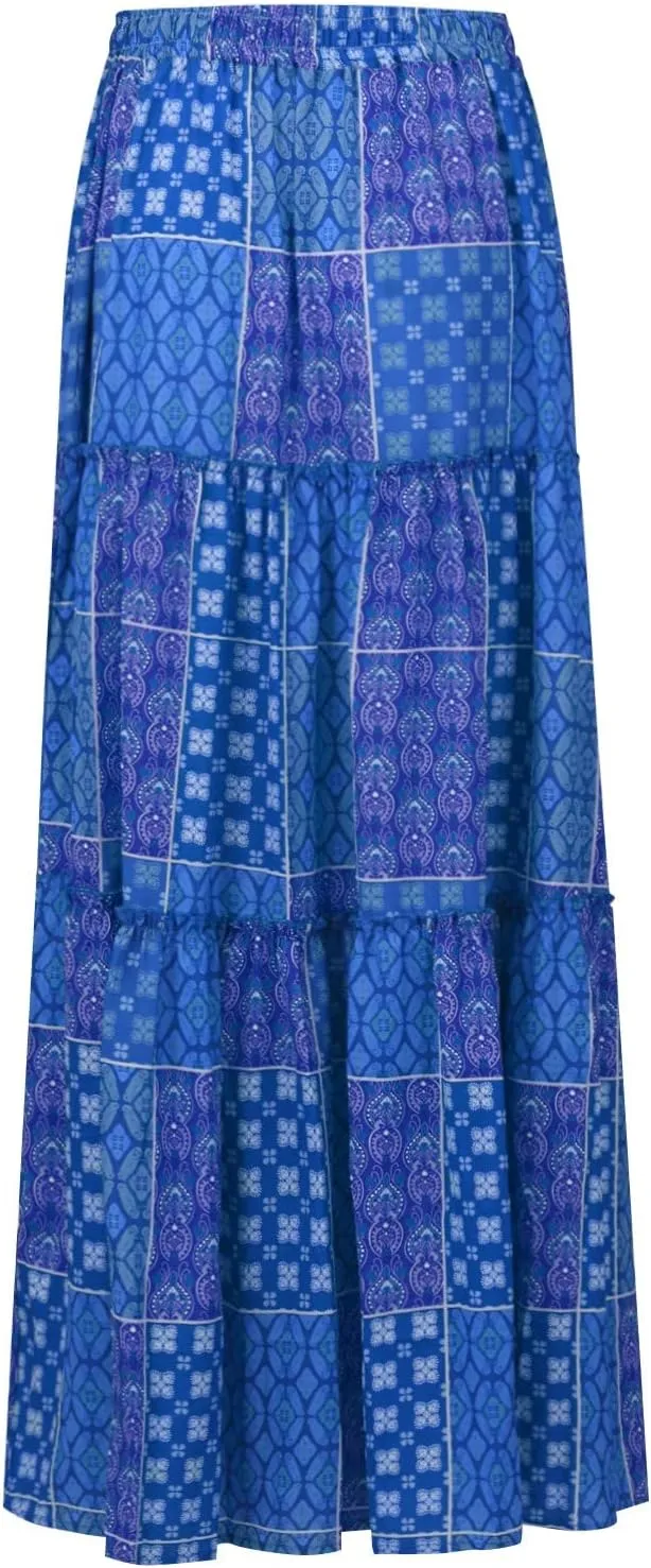 Women's Floral Print Midi Skirts 2025 Summer Aline Elastic High Waist Pleated Flowy Long Skirt Pockets Cute Skirts