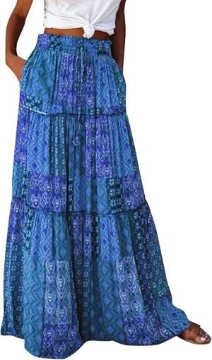 Women's Floral Print Midi Skirts 2025 Summer Aline Elastic High Waist Pleated Flowy Long Skirt Pockets Cute Skirts