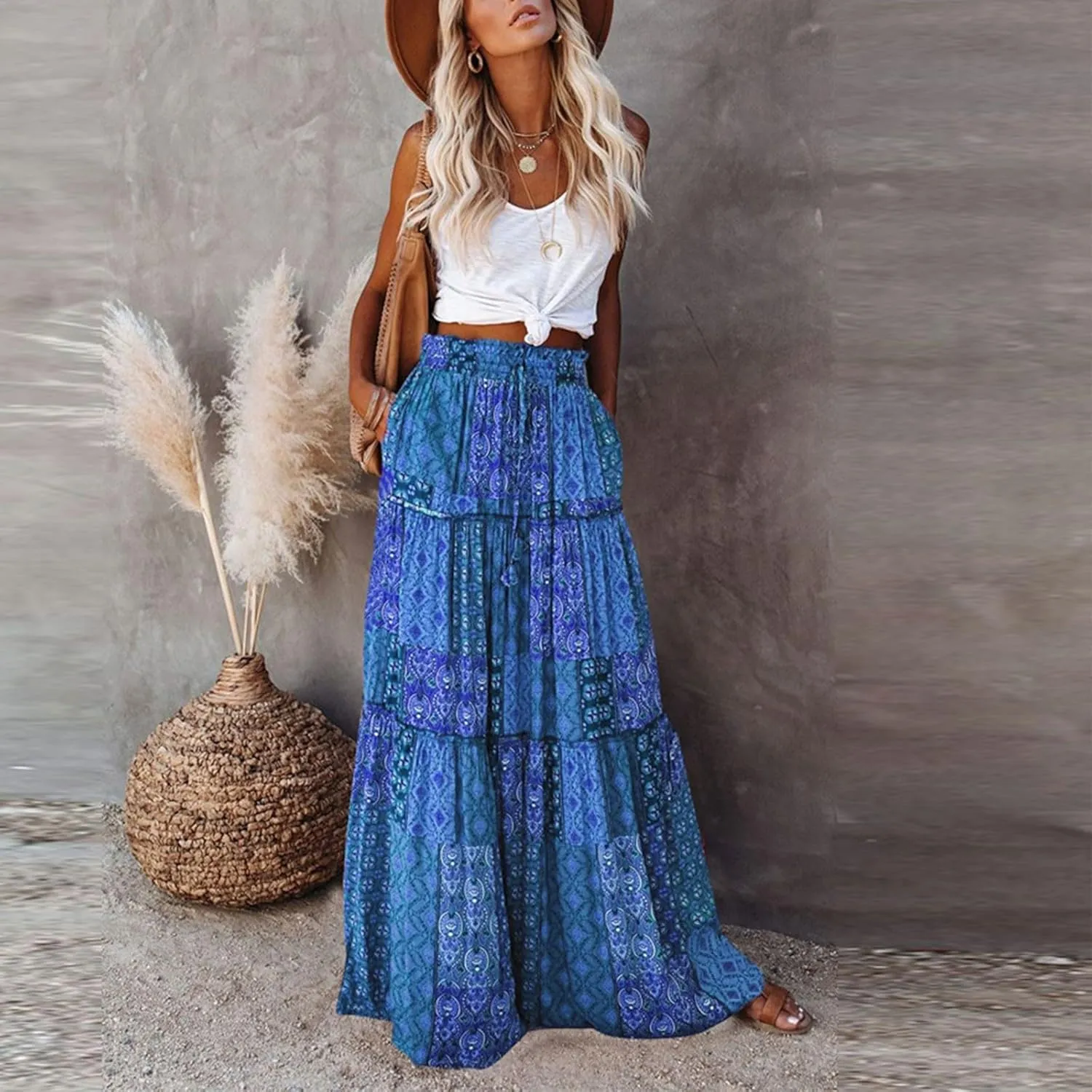Women's Floral Print Midi Skirts 2025 Summer Aline Elastic High Waist Pleated Flowy Long Skirt Pockets Cute Skirts