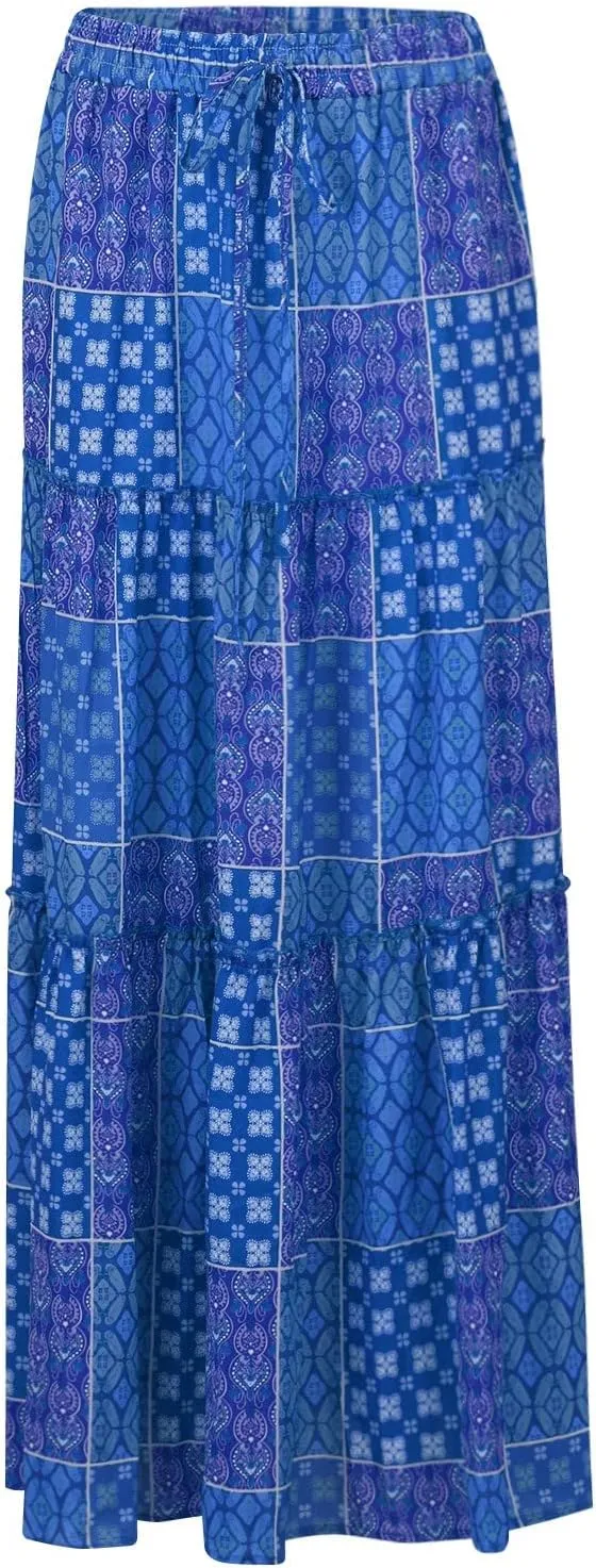 Women's Floral Print Midi Skirts 2025 Summer Aline Elastic High Waist Pleated Flowy Long Skirt Pockets Cute Skirts