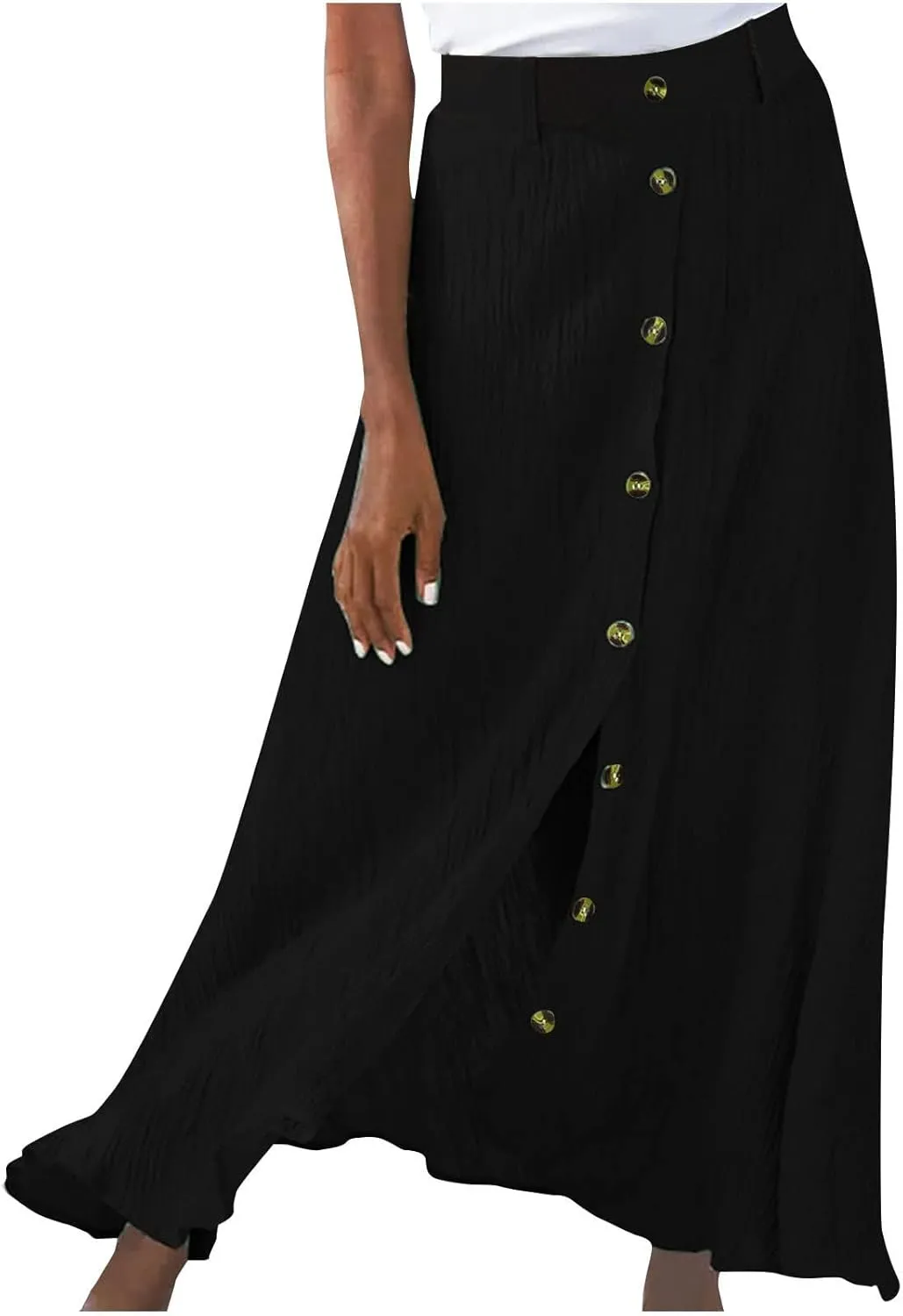 Women's Flowy Button Up Midi Skirts High Waisted Elastic Skirt Casual Split Front Dress Vintage Flared Skirts
