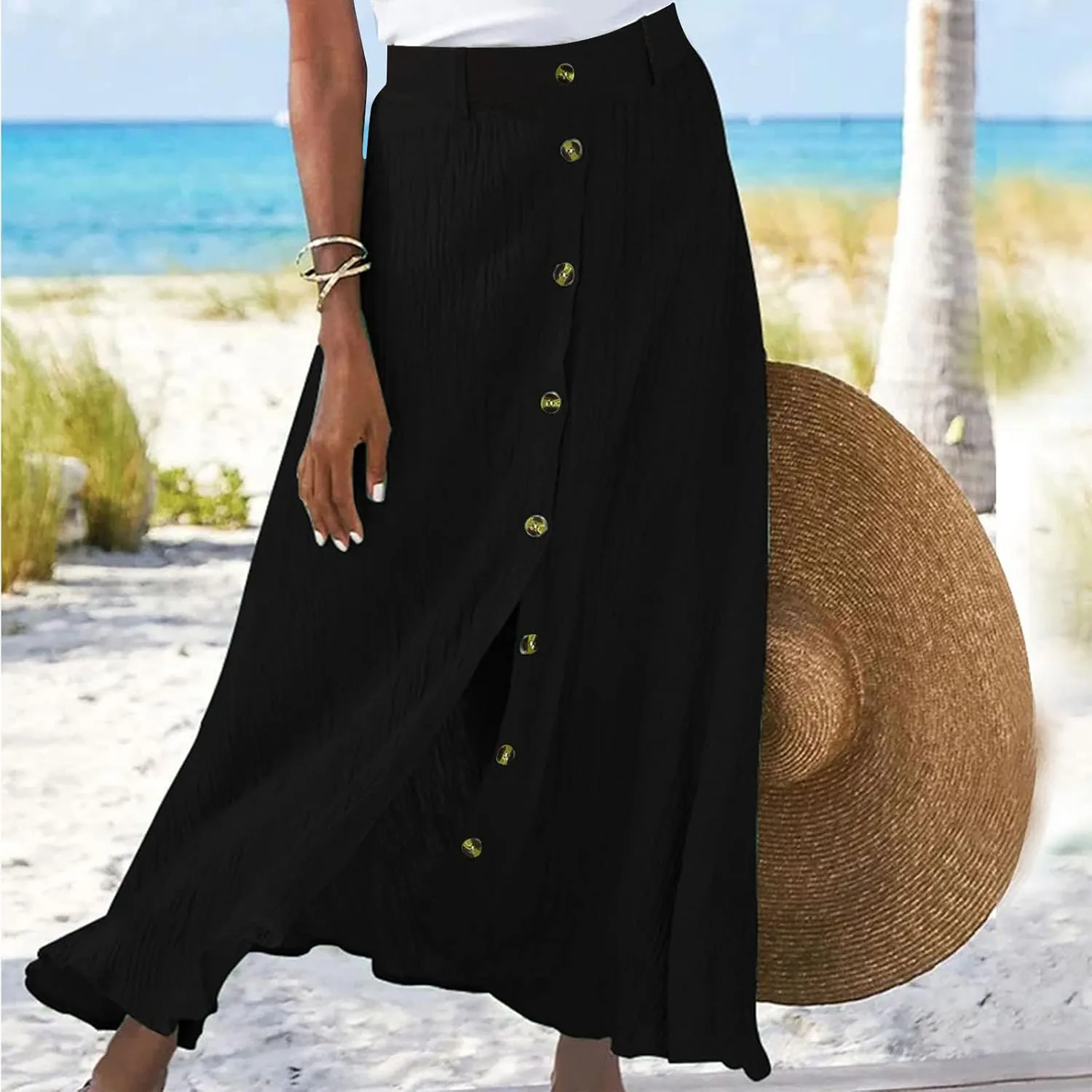 Women's Flowy Button Up Midi Skirts High Waisted Elastic Skirt Casual Split Front Dress Vintage Flared Skirts