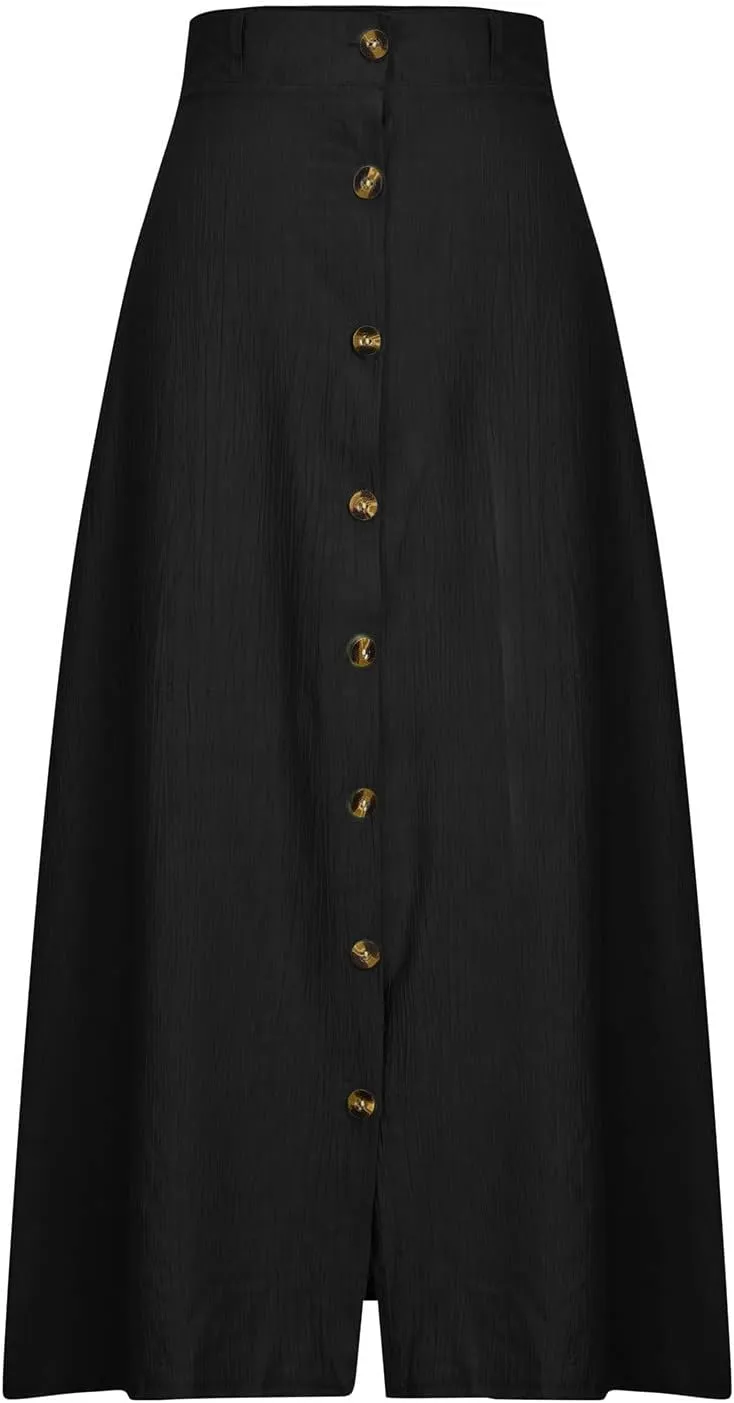 Women's Flowy Button Up Midi Skirts High Waisted Elastic Skirt Casual Split Front Dress Vintage Flared Skirts