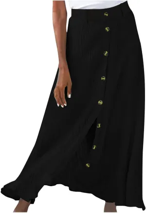Women's Flowy Button Up Midi Skirts High Waisted Elastic Skirt Casual Split Front Dress Vintage Flared Skirts