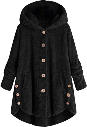 Womens Fuzzy Fleece Jacket Button Hem Plus Size Hoodie Top Sweater Blouse Outerwear with Pockets Women's Winter