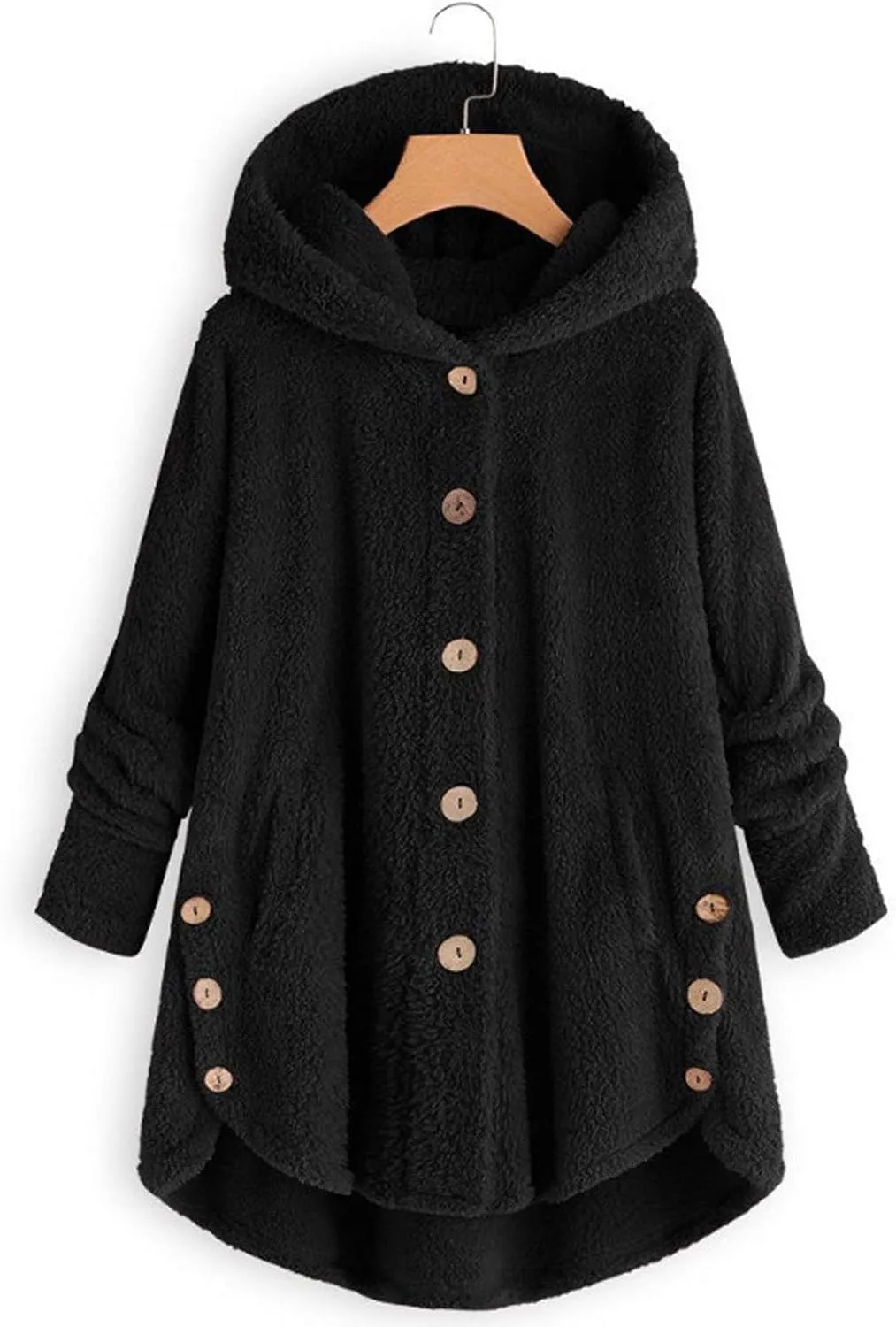 Womens Fuzzy Fleece Jacket Button Hem Plus Size Hoodie Top Sweater Blouse Outerwear with Pockets Women's Winter