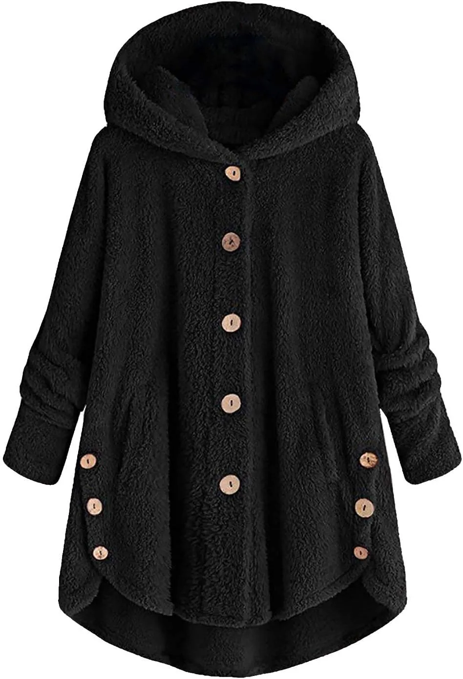 Womens Fuzzy Fleece Jacket Button Hem Plus Size Hoodie Top Sweater Blouse Outerwear with Pockets Women's Winter