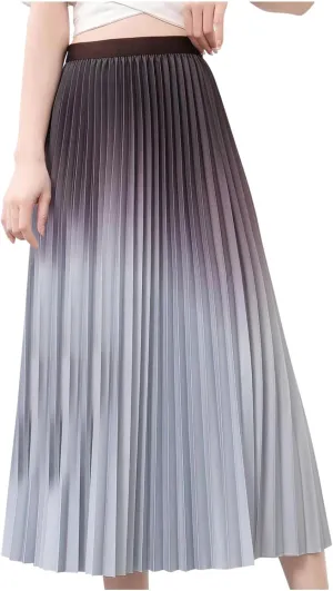 Womens Gradient Pleated Skirts A-Line Midi Skirts Trendy Casual High Elastic Waist Swing Skirt Slim A-Line Long Skirts