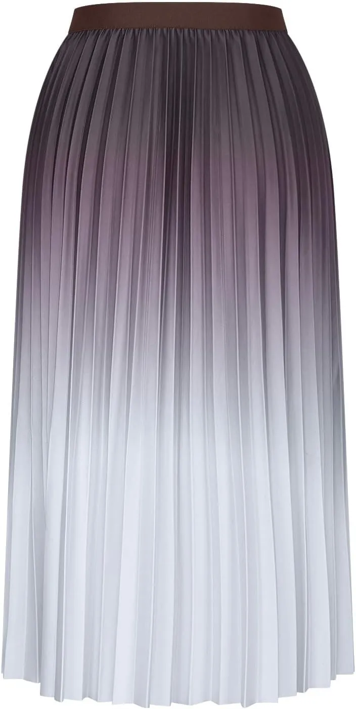 Womens Gradient Pleated Skirts A-Line Midi Skirts Trendy Casual High Elastic Waist Swing Skirt Slim A-Line Long Skirts