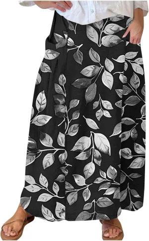 Women's Graphic Skirts Baggy Plus Size High Waisted Stretch Skirt Summer Vacation Boho Skirts with Pockets