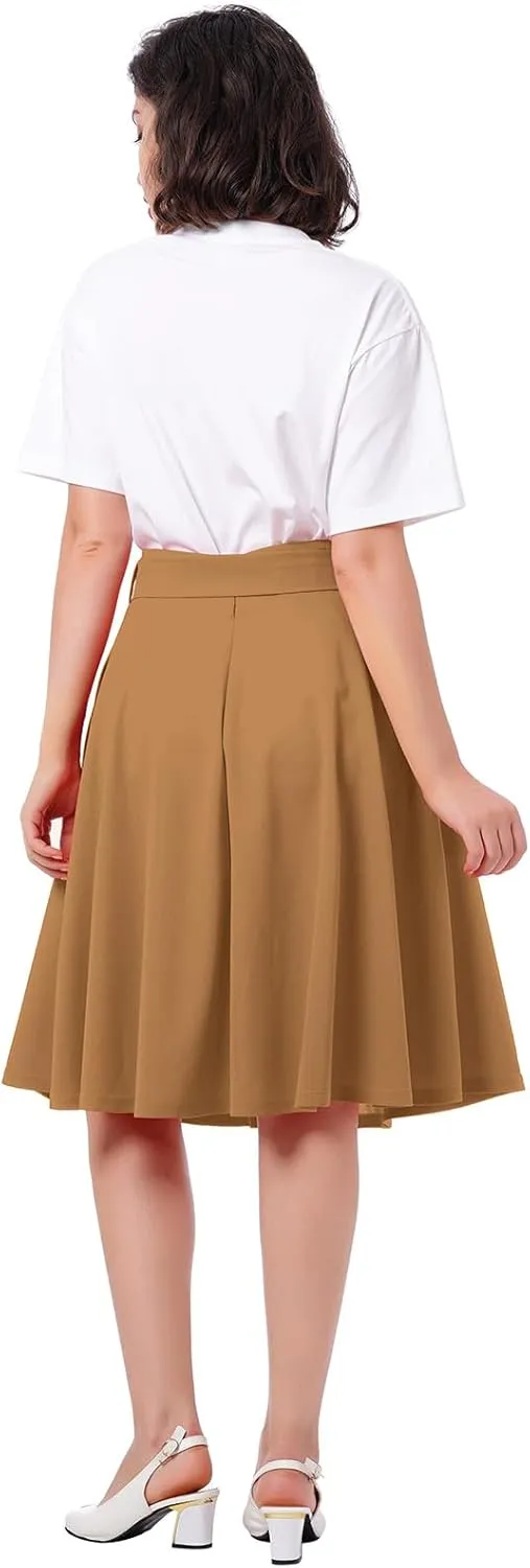 Women's High Waist A-Line Skirt Tie Knot Front Pleated Flared Midi Skirt Swing Casual Party Skirts with Pockets Summer