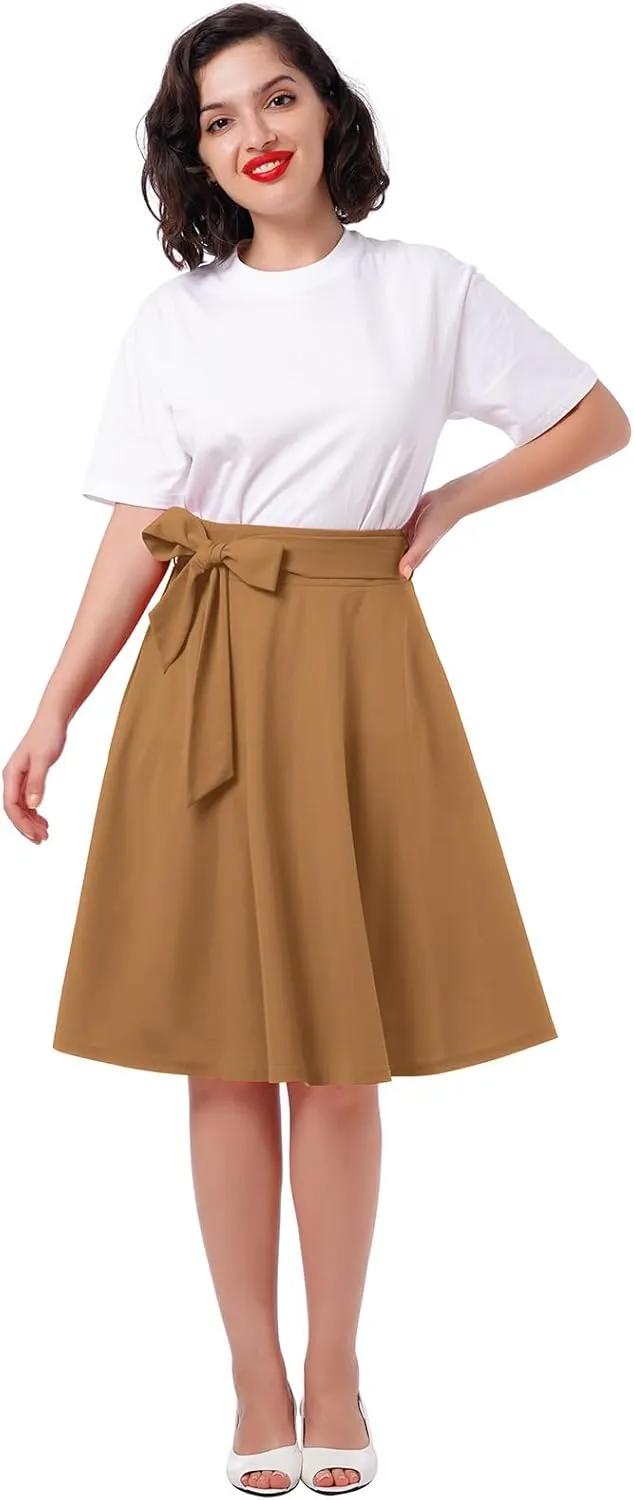 Women's High Waist A-Line Skirt Tie Knot Front Pleated Flared Midi Skirt Swing Casual Party Skirts with Pockets Summer