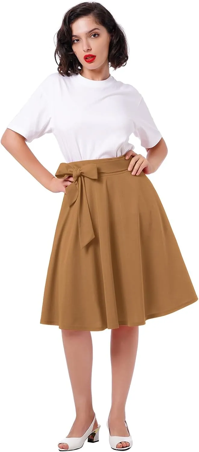 Women's High Waist A-Line Skirt Tie Knot Front Pleated Flared Midi Skirt Swing Casual Party Skirts with Pockets Summer