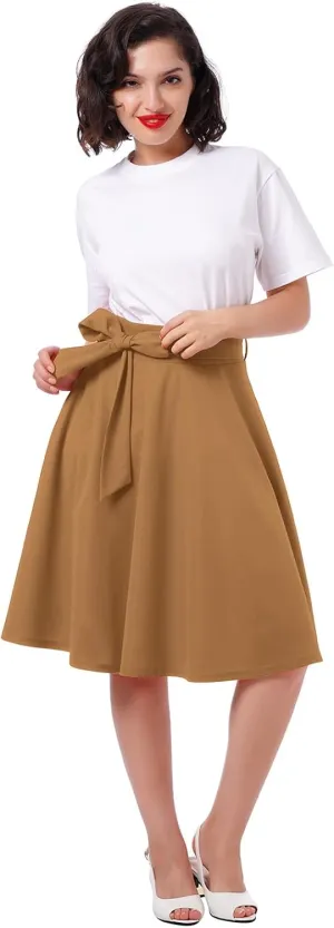 Women's High Waist A-Line Skirt Tie Knot Front Pleated Flared Midi Skirt Swing Casual Party Skirts with Pockets Summer