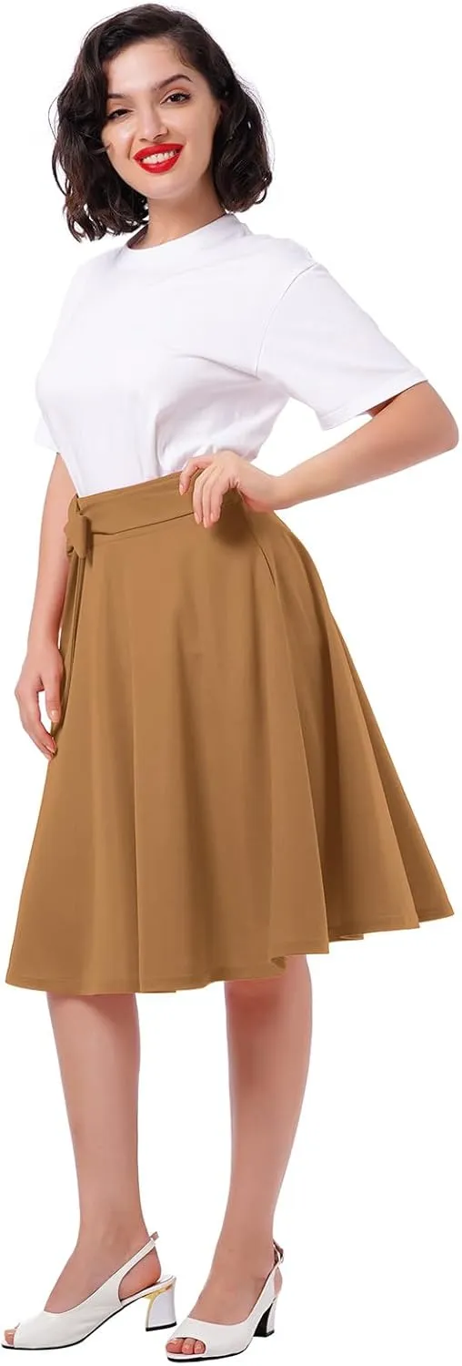 Women's High Waist A-Line Skirt Tie Knot Front Pleated Flared Midi Skirt Swing Casual Party Skirts with Pockets Summer