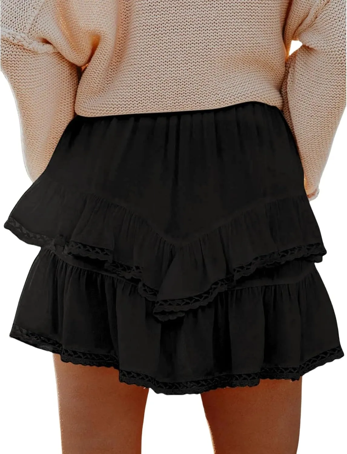 Womens High Waist Ruffle Flowy Mini Skirts Boho Ruffled Tiered Skorts Smocked Waist A Line Short Skirt