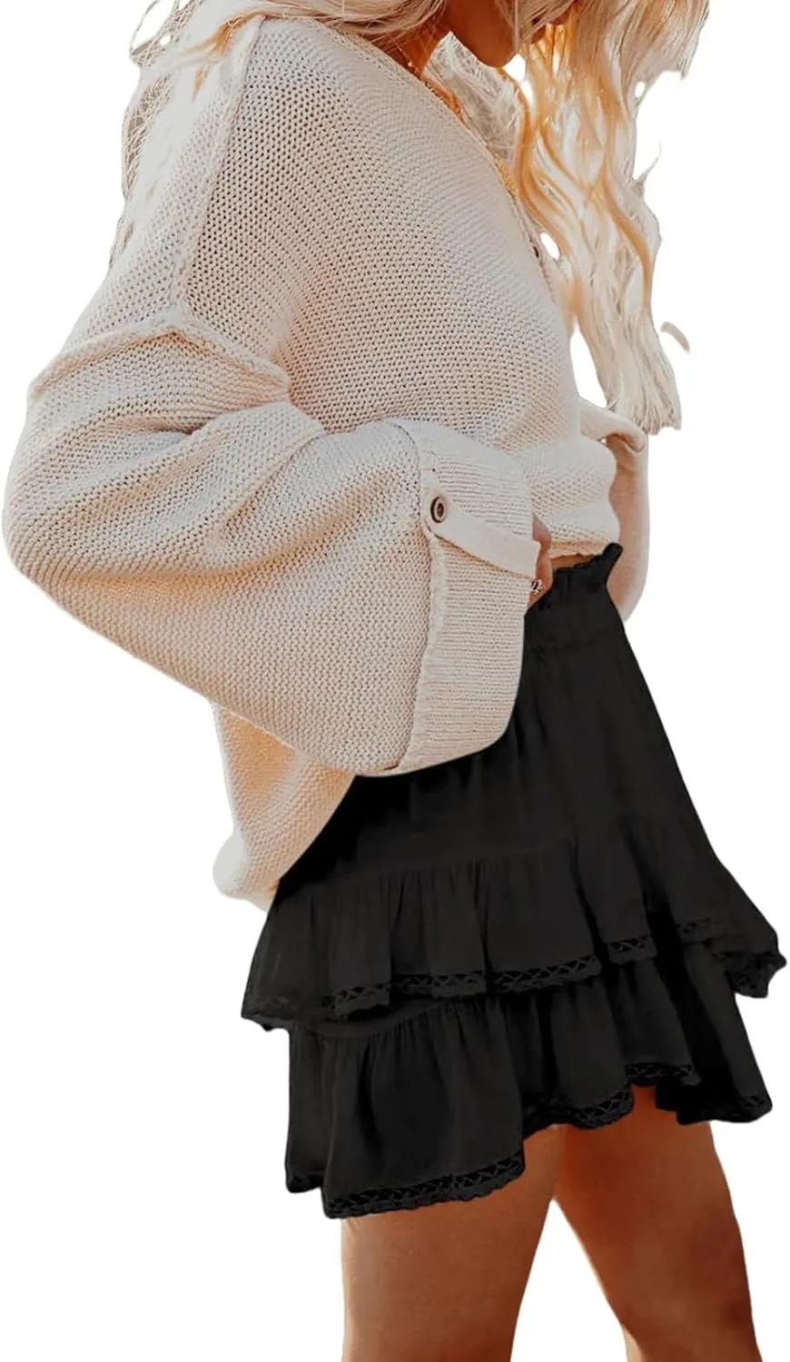 Womens High Waist Ruffle Flowy Mini Skirts Boho Ruffled Tiered Skorts Smocked Waist A Line Short Skirt