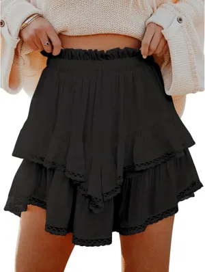 Womens High Waist Ruffle Flowy Mini Skirts Boho Ruffled Tiered Skorts Smocked Waist A Line Short Skirt