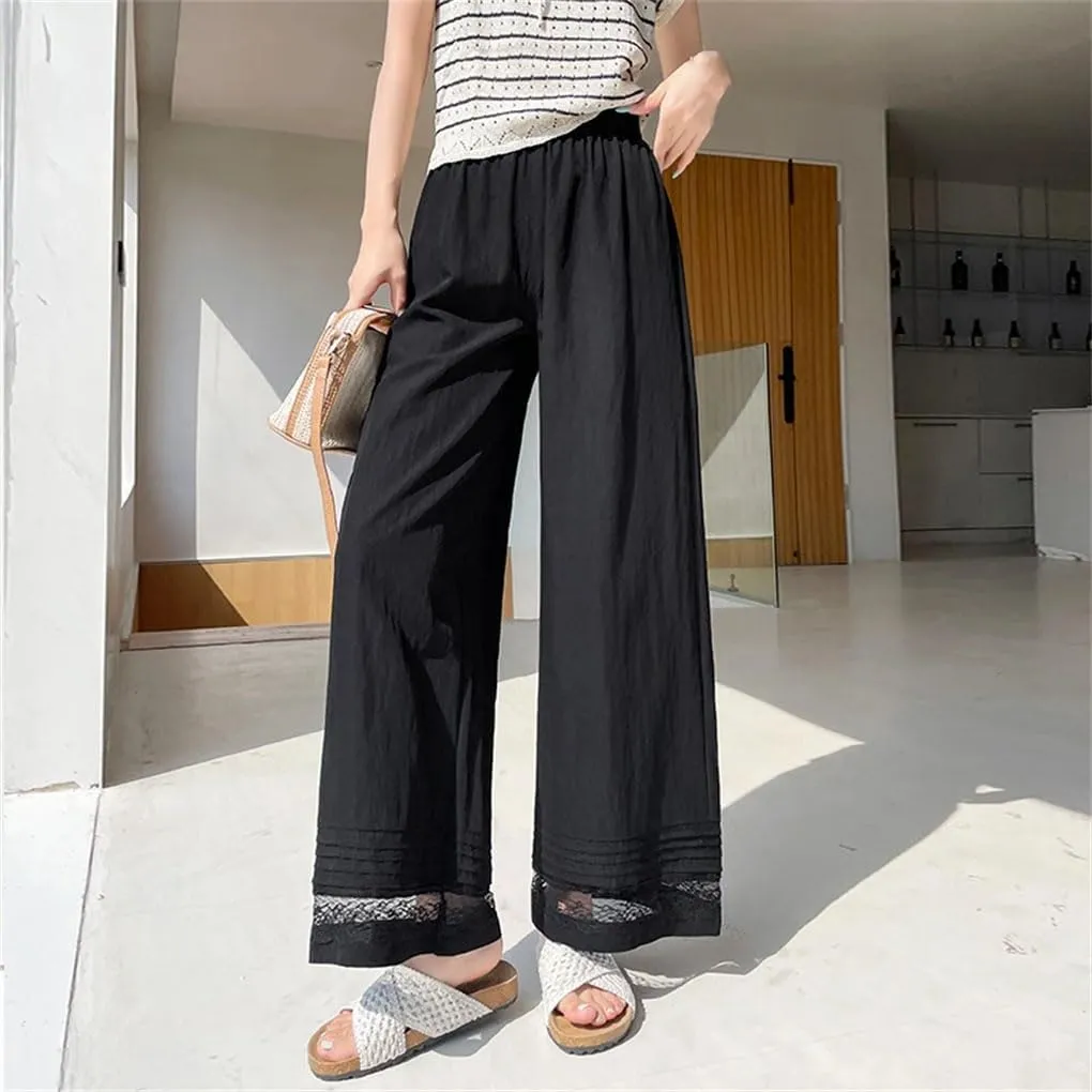 Women's Lace Patchwork Wide Leg Ankle Length Pants High Waist Straight Loose Trousers
