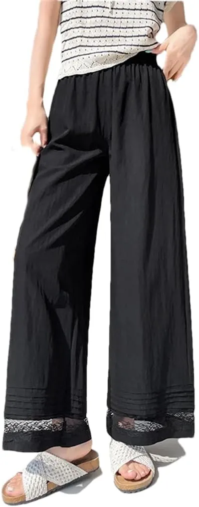 Women's Lace Patchwork Wide Leg Ankle Length Pants High Waist Straight Loose Trousers