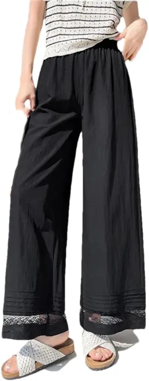 Women's Lace Patchwork Wide Leg Ankle Length Pants High Waist Straight Loose Trousers