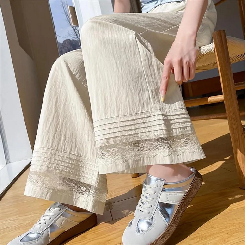 Women's Lace Patchwork Wide Leg Ankle Length Pants High Waist Straight Loose Trousers