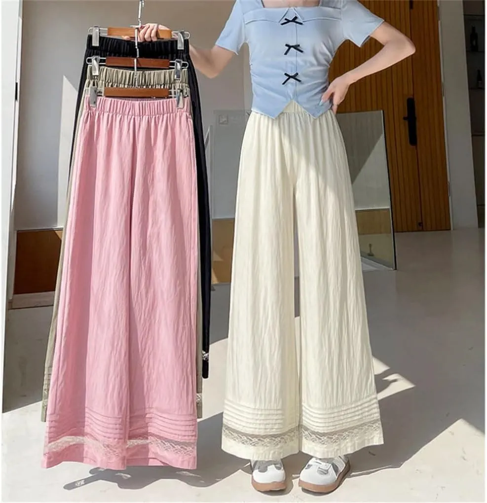 Women's Lace Patchwork Wide Leg Ankle Length Pants High Waist Straight Loose Trousers