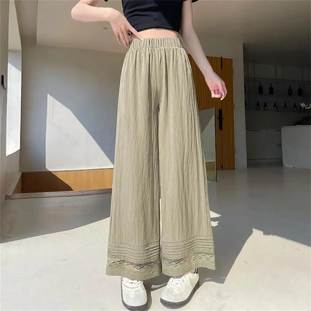 Women's Lace Patchwork Wide Leg Ankle Length Pants High Waist Straight Loose Trousers