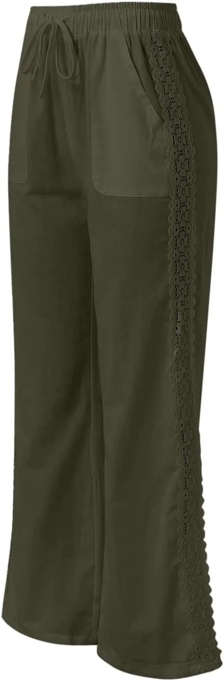 Women's Linen Pants Drawstring Elastic Waist Lightweight Pant Summer Loose Fit Beach Trousers with Pockets
