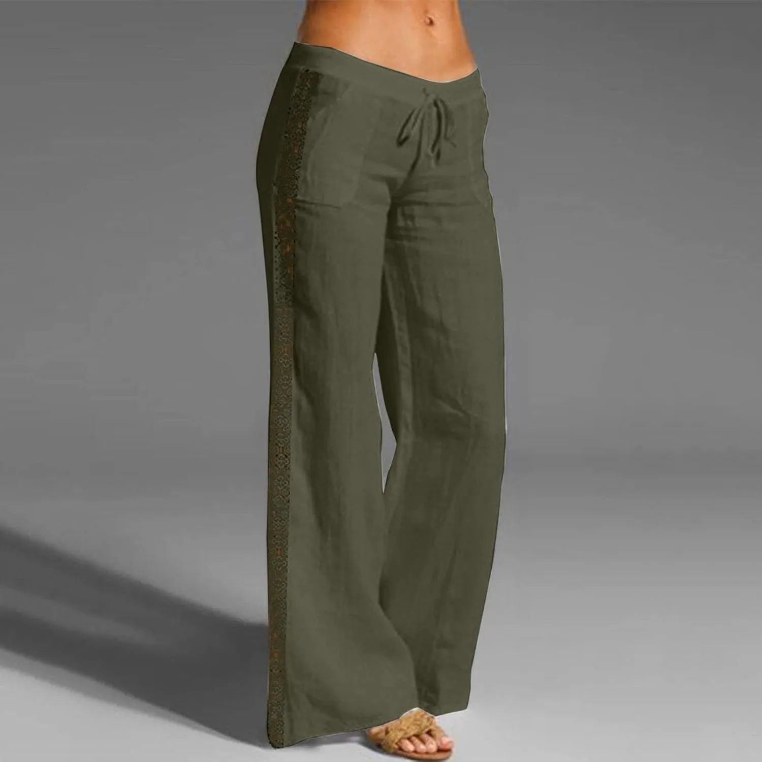 Women's Linen Pants Drawstring Elastic Waist Lightweight Pant Summer Loose Fit Beach Trousers with Pockets