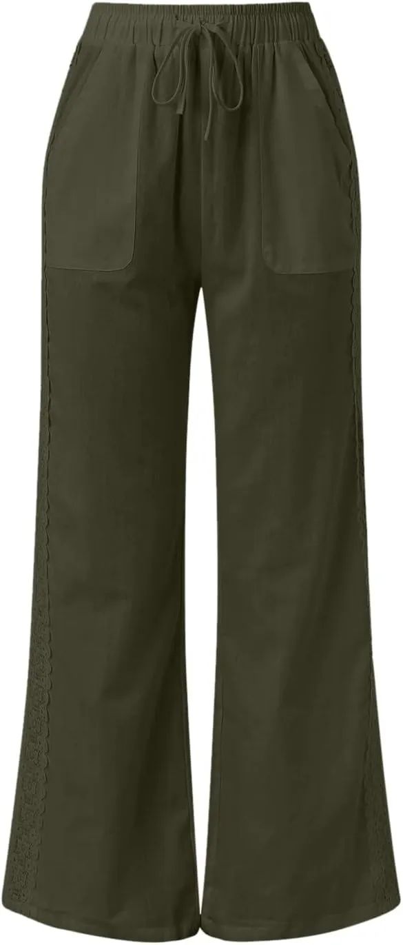 Women's Linen Pants Drawstring Elastic Waist Lightweight Pant Summer Loose Fit Beach Trousers with Pockets