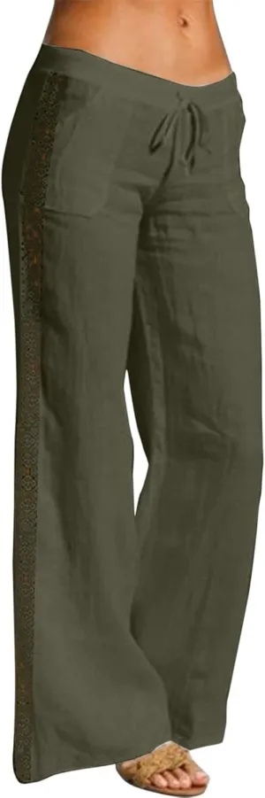 Women's Linen Pants Drawstring Elastic Waist Lightweight Pant Summer Loose Fit Beach Trousers with Pockets