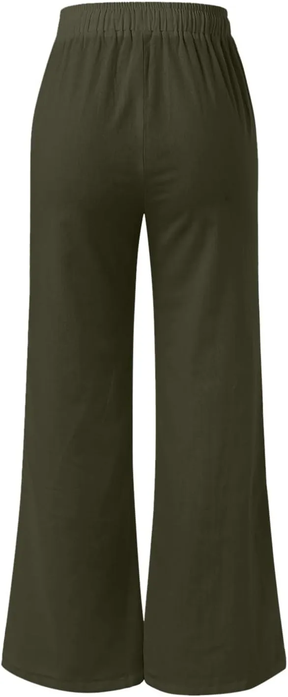 Women's Linen Pants Drawstring Elastic Waist Lightweight Pant Summer Loose Fit Beach Trousers with Pockets