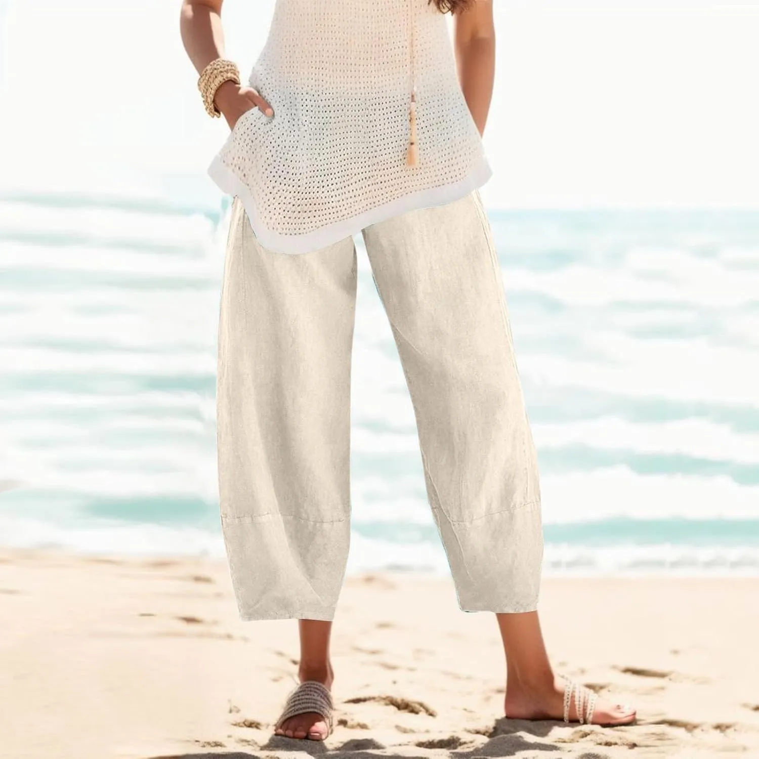 Womens Linen Pants High Waisted Wide Leg Pants Summer Loose Fit Tapered Trousers Casual Capris Pant