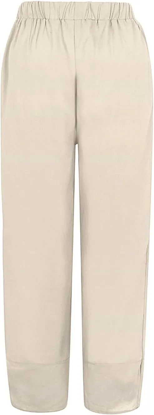 Womens Linen Pants High Waisted Wide Leg Pants Summer Loose Fit Tapered Trousers Casual Capris Pant