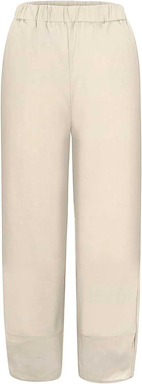 Womens Linen Pants High Waisted Wide Leg Pants Summer Loose Fit Tapered Trousers Casual Capris Pant