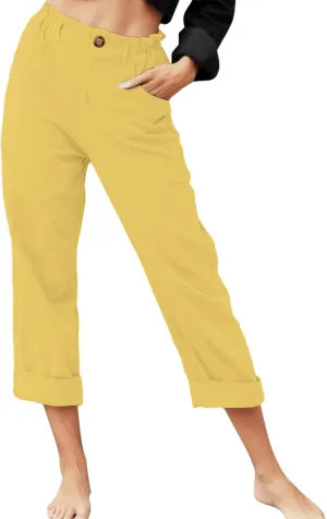 Womens Linen Pants Summer Casual Palazzo Straight Pants for Women Drawstring Botton Down Long Trousers Comfy Linen Pants, 3X-Large, #D5-yellow