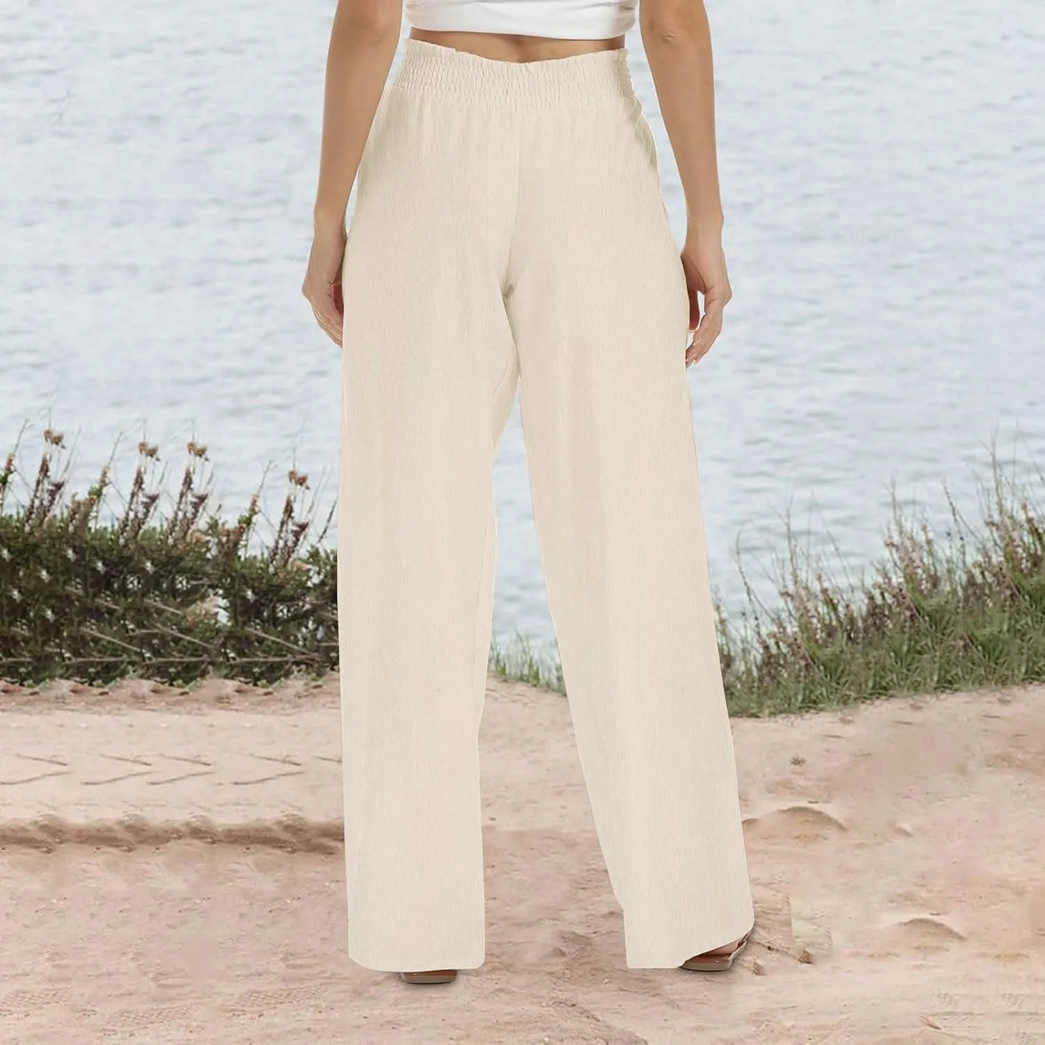 Women's Linen Wide Leg Pants Summer Boho High Waist Palazzo Lounge Pant Trousers Elastic Waist Beach Travel Outfits