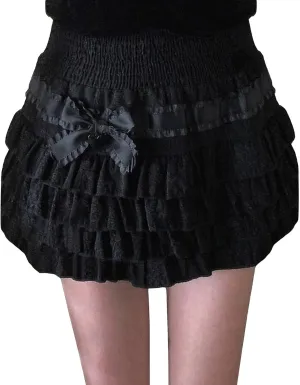 Women's Lolita Kawaii Mini Skirts Elastic Waist Tiered Ruffle Mini Skirts/Skort Japanese Korean Cute Sweet Skirt