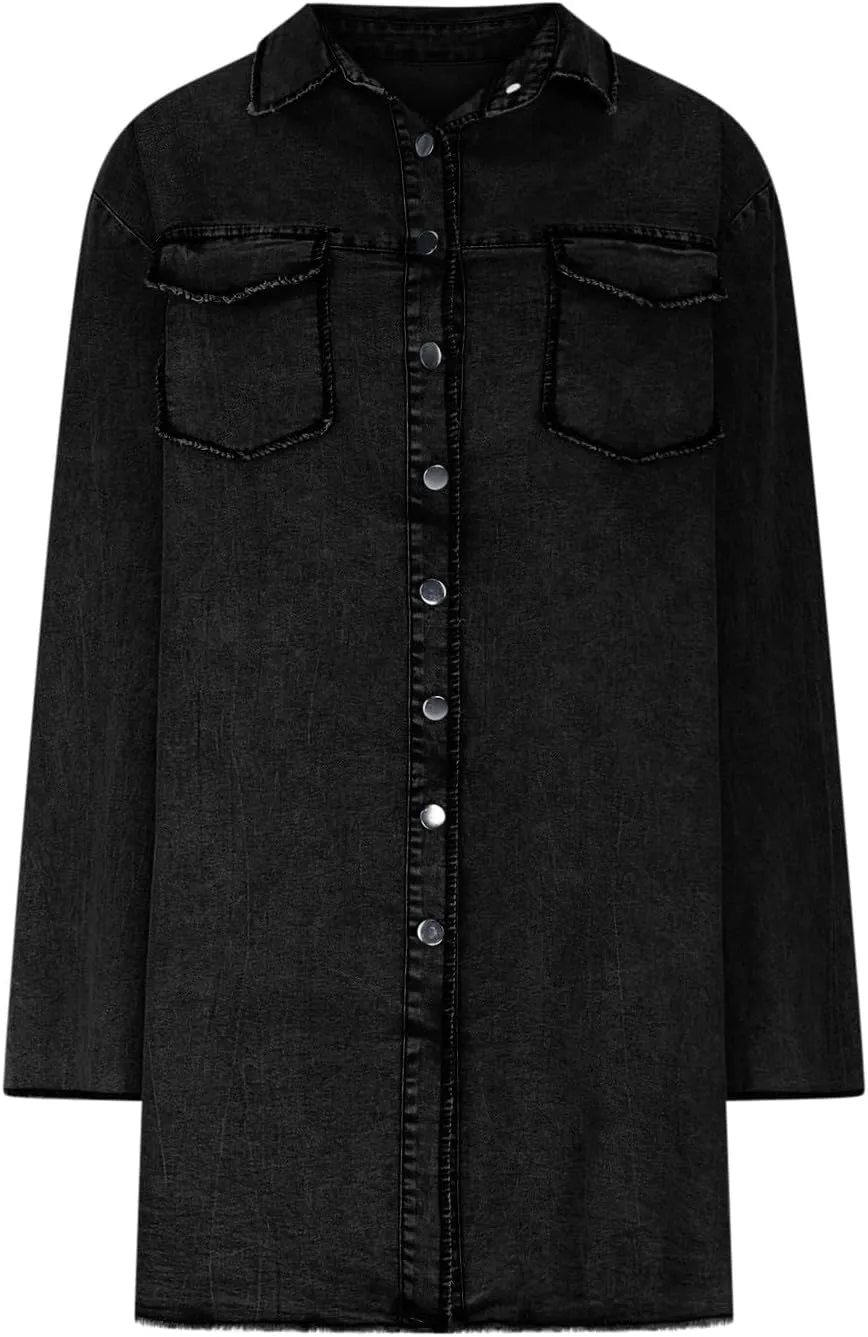 Womens Long Denim Jackets Plus Size Trench Coat Open Front Cardigan Button Down Long Sleeve Classic Jeans Jackets