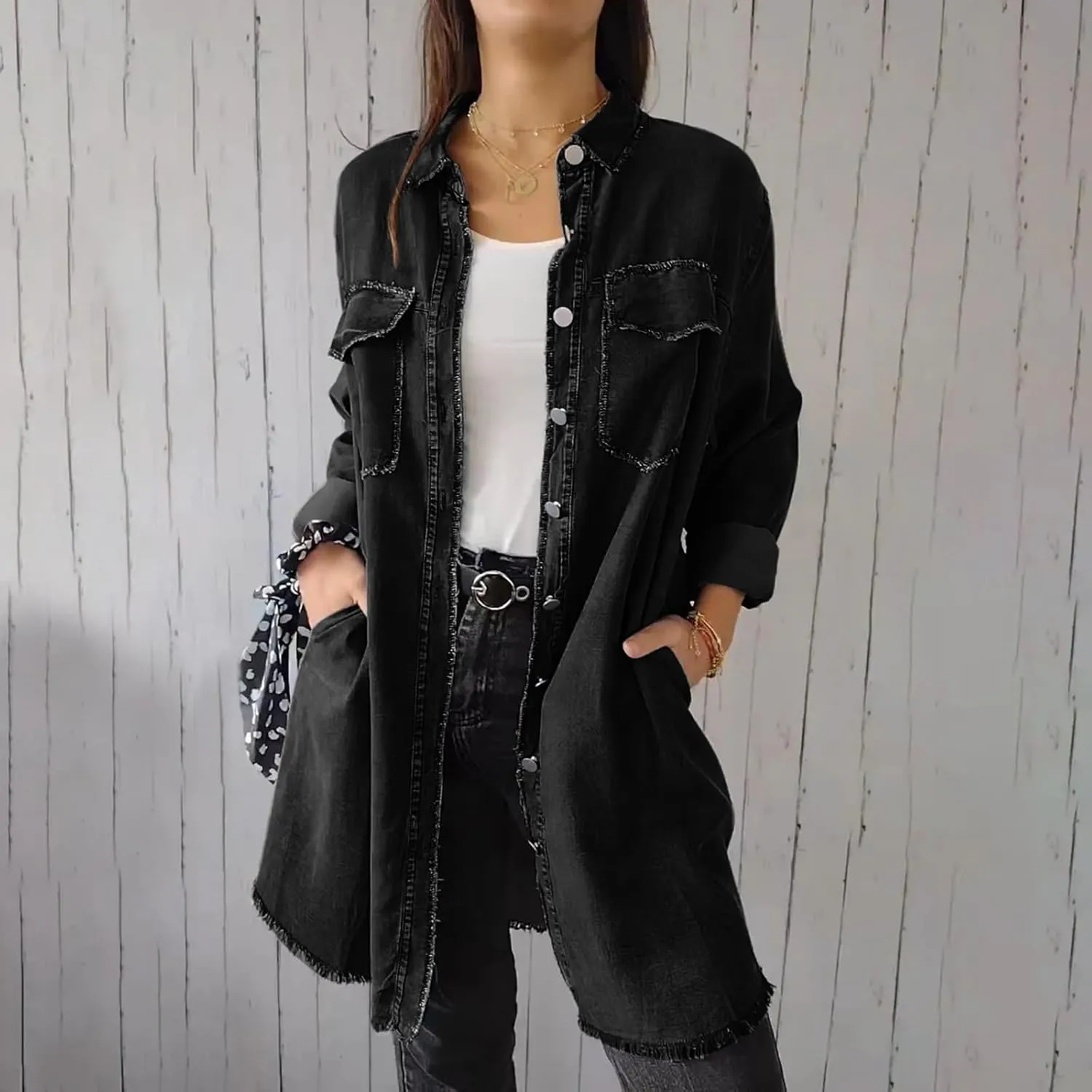Womens Long Denim Jackets Plus Size Trench Coat Open Front Cardigan Button Down Long Sleeve Classic Jeans Jackets