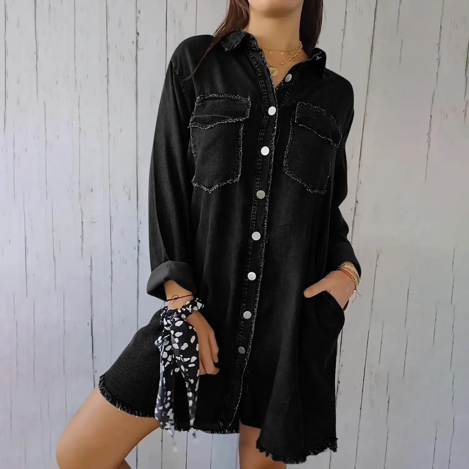 Womens Long Denim Jackets Plus Size Trench Coat Open Front Cardigan Button Down Long Sleeve Classic Jeans Jackets