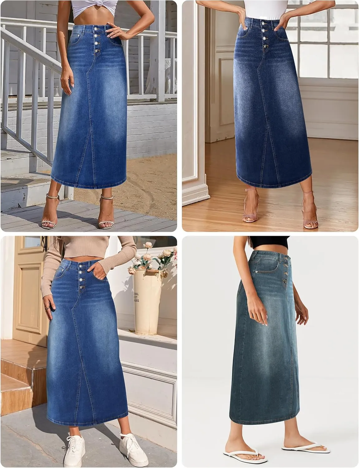 Womens Long Denim Skirt Casual A-Line Stretch Jean Skirt for Women High Waisted Vintage Denim Maxi Skirt with Pockets Blue
